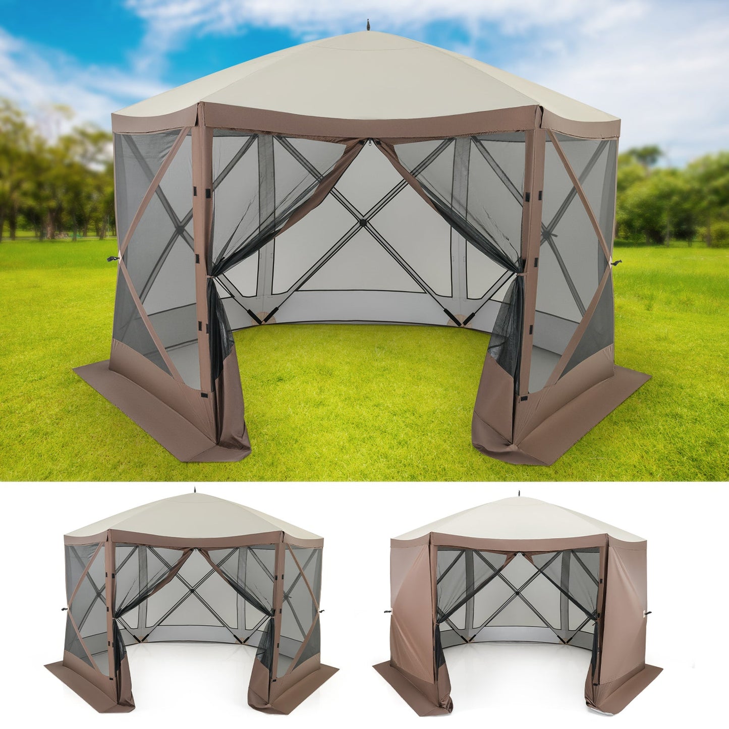 Pop-up Gazebo 6-sided Instant Setup Screen House Hub Tent with Mesh Netting Walls-Coffee in outdoor setting.