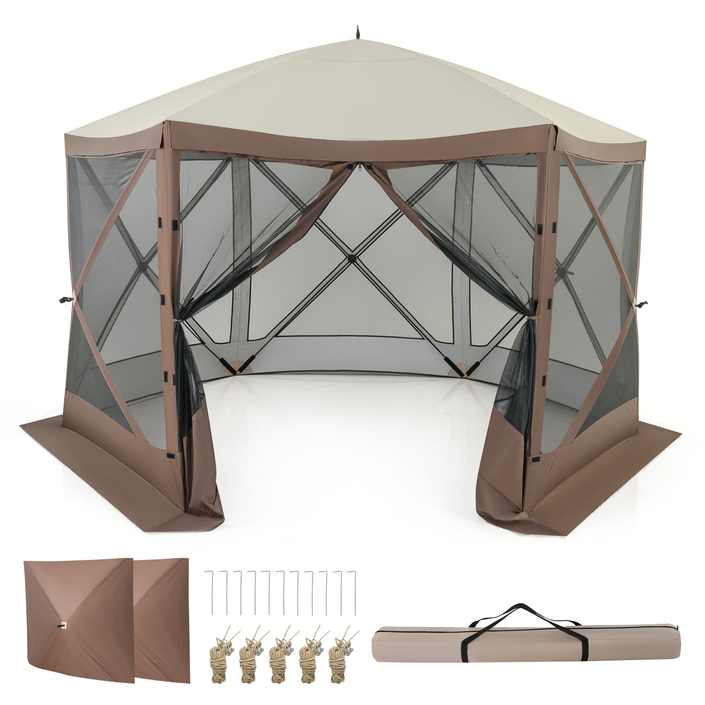 Pop-up Gazebo 6-sided Instant Setup Screen House Hub Tent with Mesh Netting Walls-Coffee, includes accessories and carrying bag