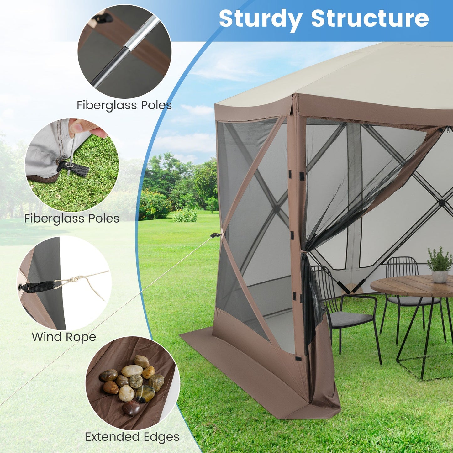 Pop-up Gazebo 6-sided Instant Setup Screen House Hub Tent with Mesh Netting Walls-Coffee showing sturdy fiberglass poles and wind ropes