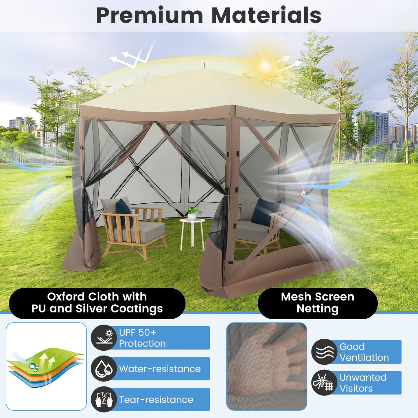 Pop-up Gazebo 6-sided Instant Setup Screen House Hub Tent with Mesh Netting Walls-Coffee in a park setting highlighting durability and features