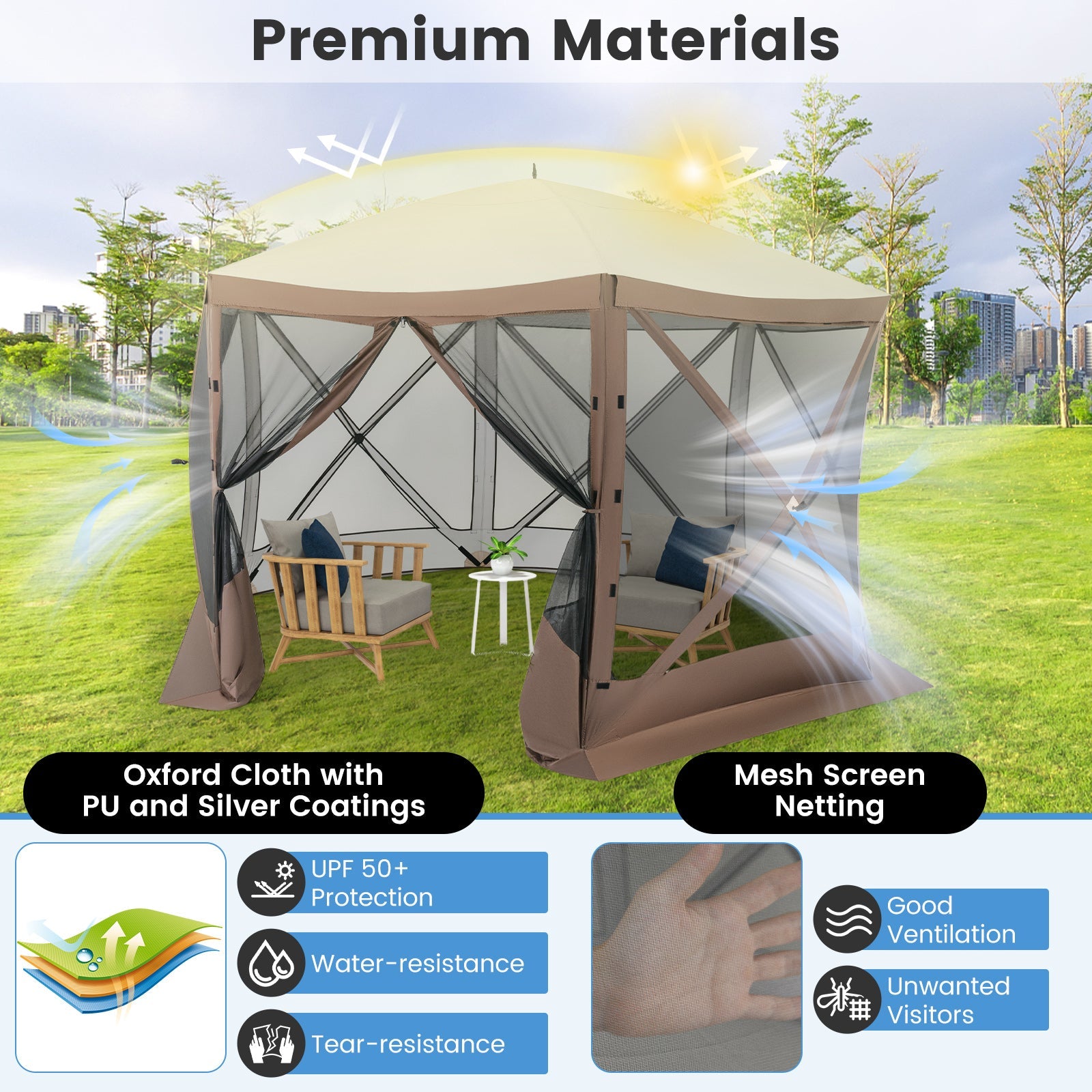 Pop-up Gazebo 6-sided Instant Setup Screen House Hub Tent with Mesh Netting Walls-Coffee in a park setting highlighting durability and features
