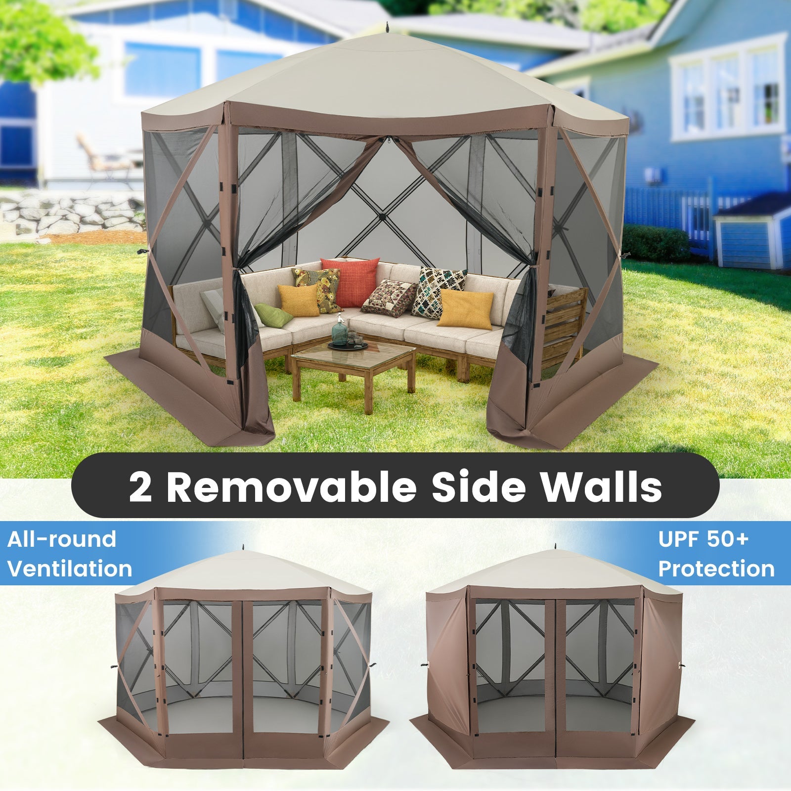 Pop-up Gazebo 6-sided Instant Setup Screen House Hub Tent with Mesh Netting Walls-Coffee, featuring removable side panels and ventilation.