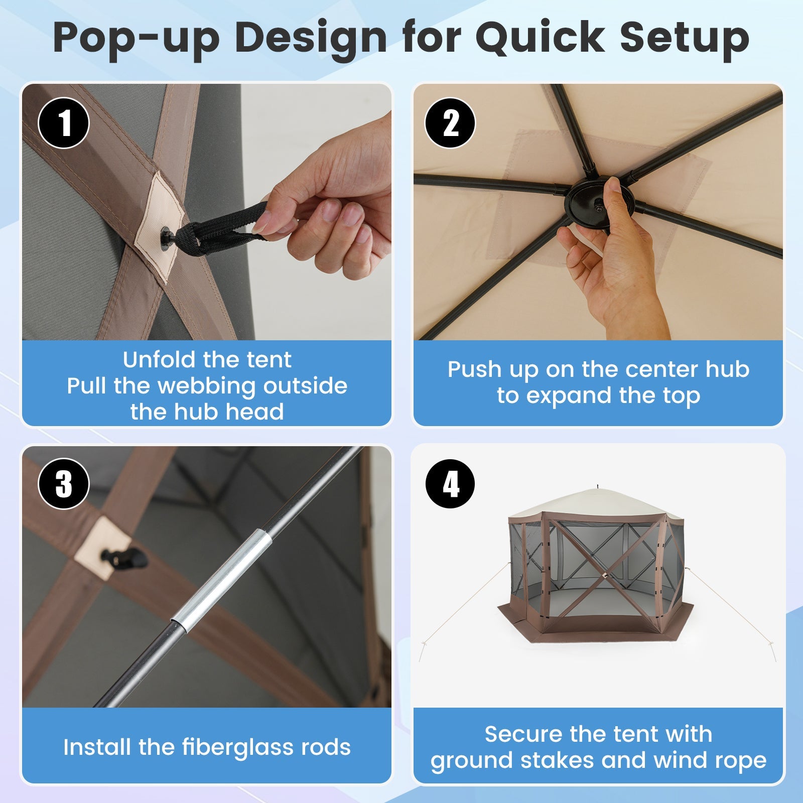 Step-by-step guide for setting up the Pop-up Gazebo 6-sided Instant Setup Screen House Hub Tent with Mesh Netting Walls-Coffee.