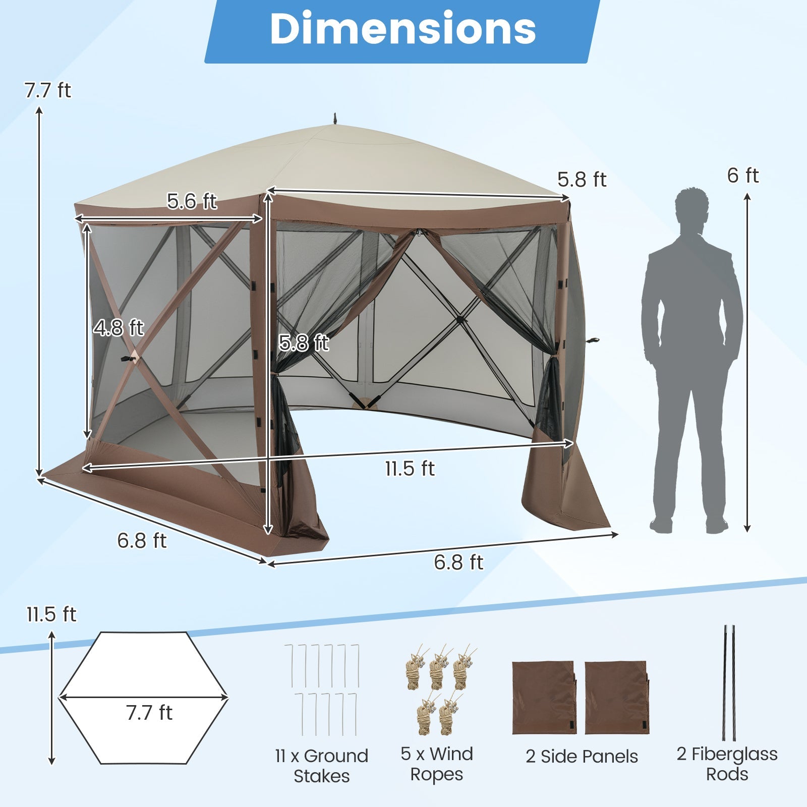 Dimensions of Pop-up Gazebo 6-sided Instant Setup Screen House Hub Tent with Mesh Netting Walls-Coffee shown with accessories