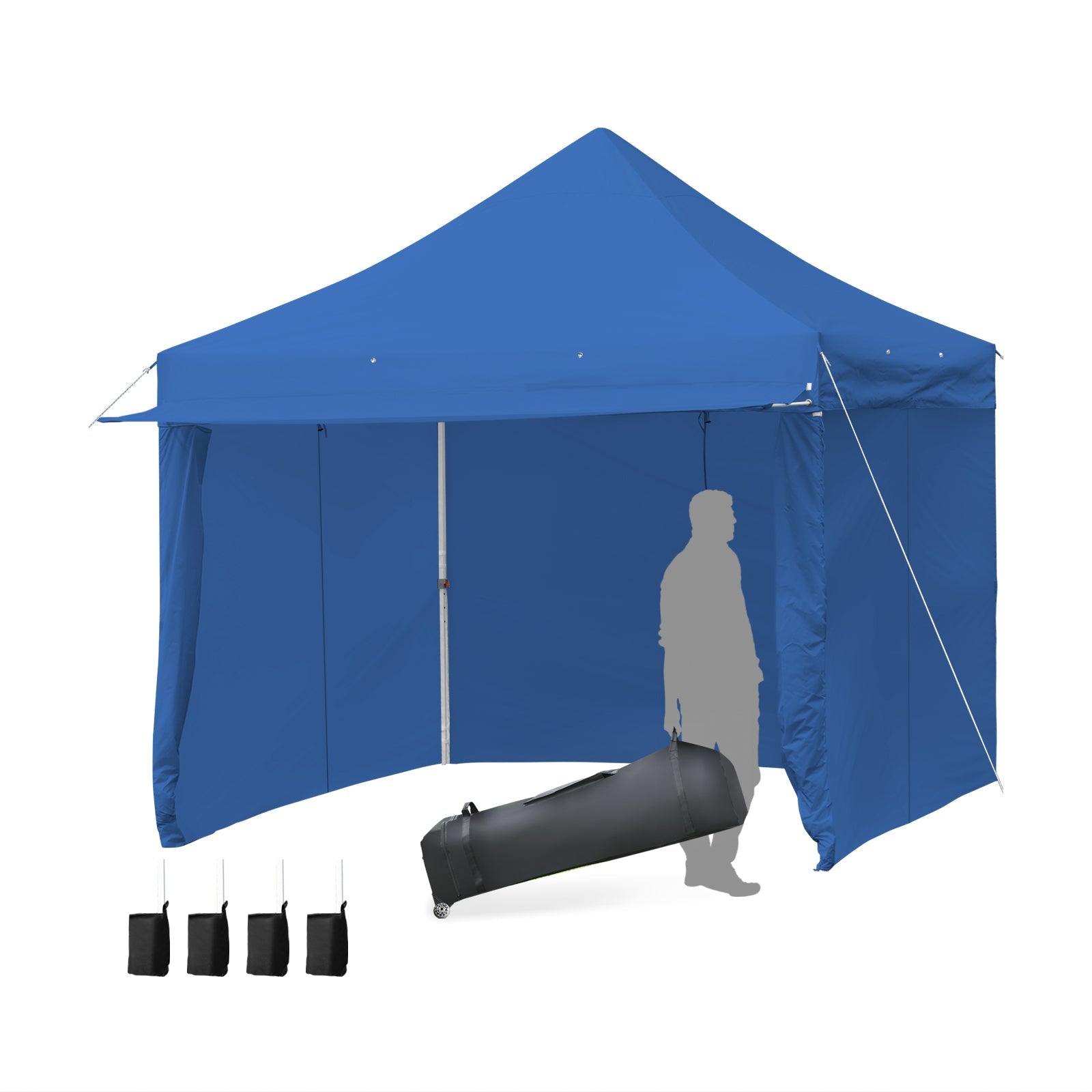 10 x 10 Feet Pop-up Gazebo with 5 Removable Zippered Sidewalls and Extended Awning-Blue, includes sandbags and roller bag support.
