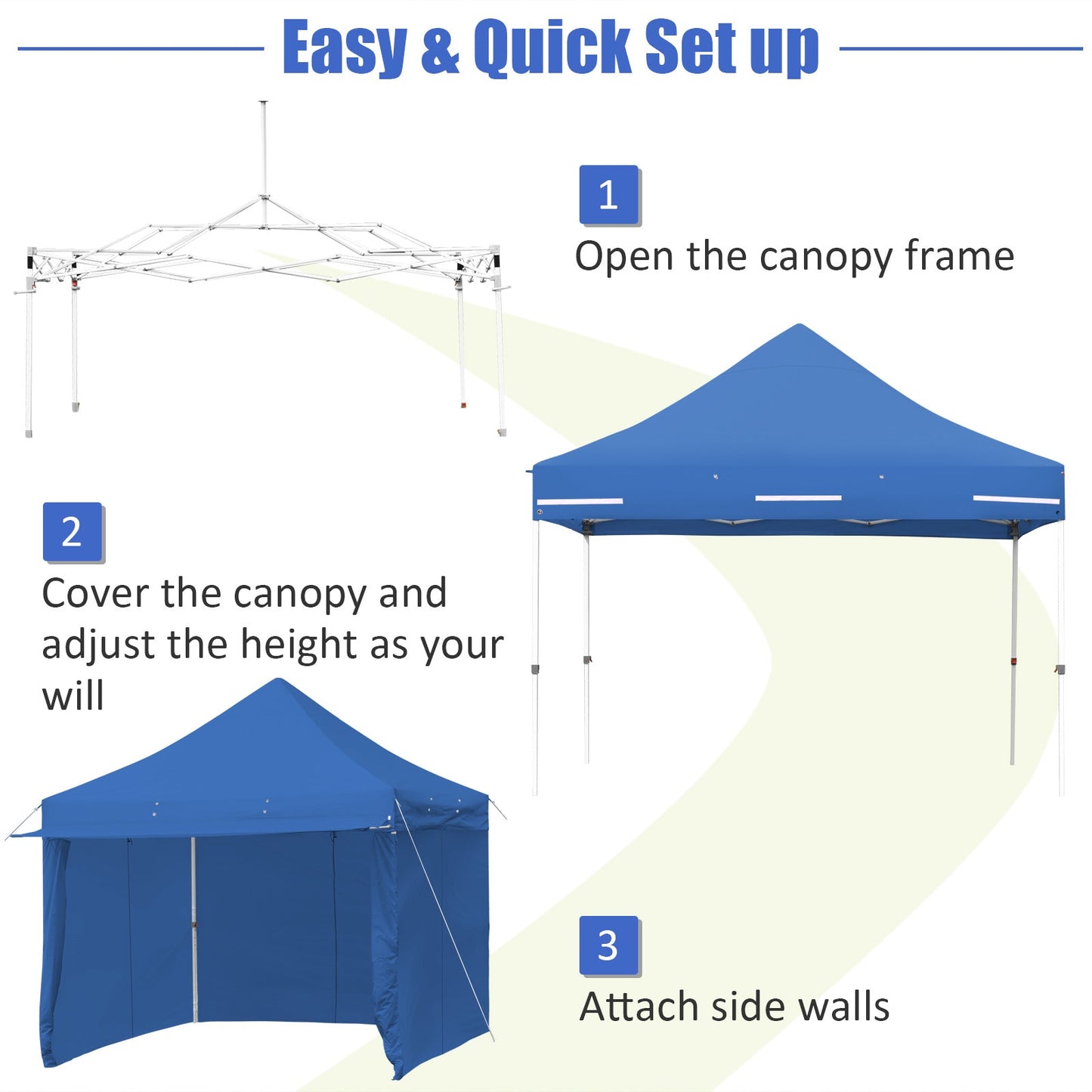 Step-by-step setup guide for 10 x 10 Feet Pop-up Gazebo with 5 Removable Zippered Sidewalls and Extended Awning-Blue