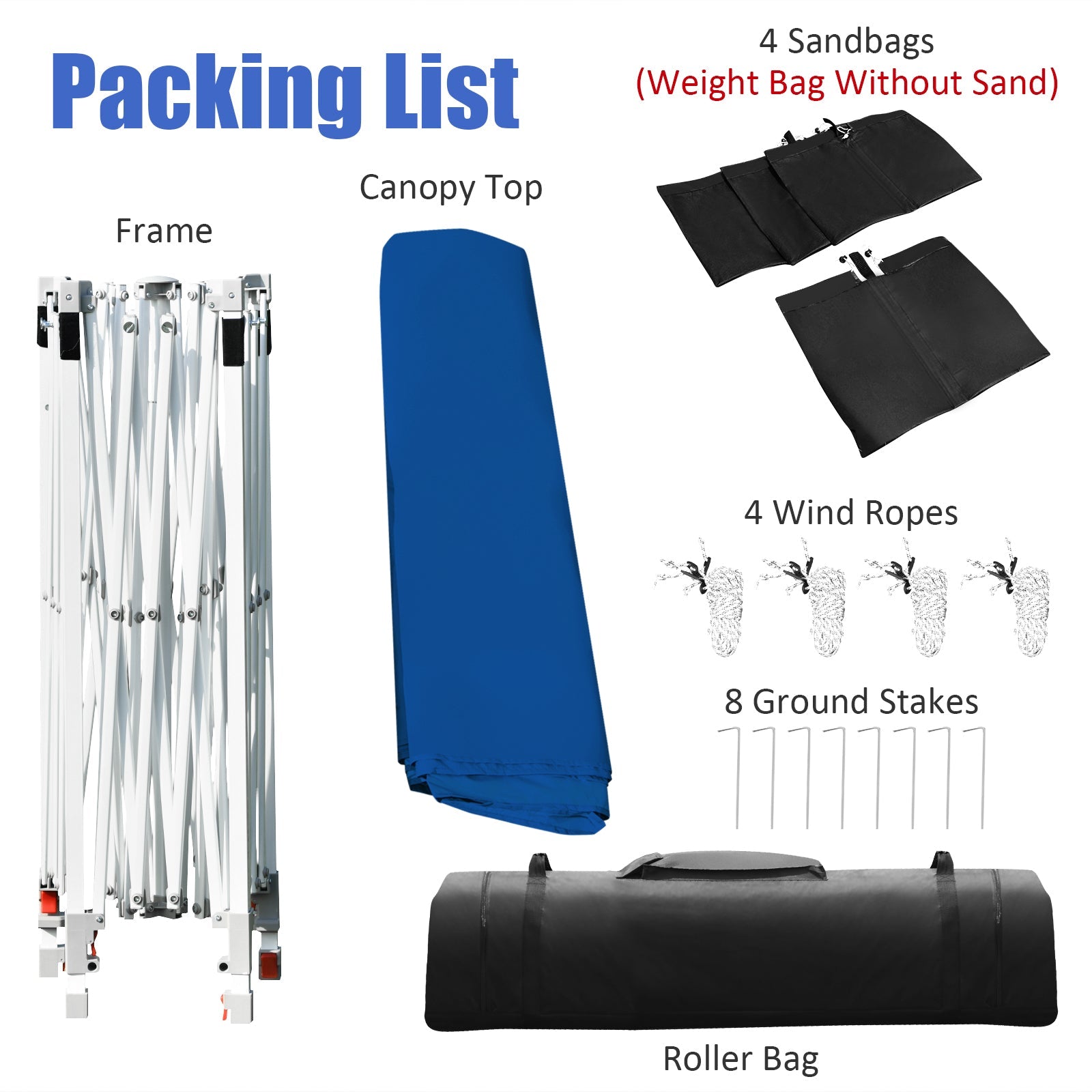 10 x 10 Feet Pop-up Gazebo with 5 Removable Zippered Sidewalls and Extended Awning-Blue packing list including frame, canopy top, sandbags, wind ropes, ground stakes, and roller bag