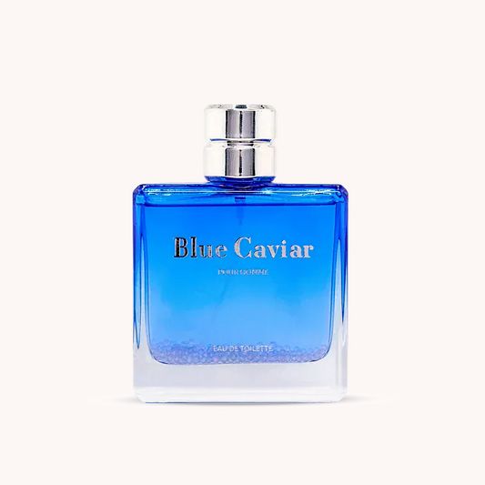 Syren - Blue Caviar perfume bottle with blue gradient design and silver cap, representing charisma and intellect scent.
