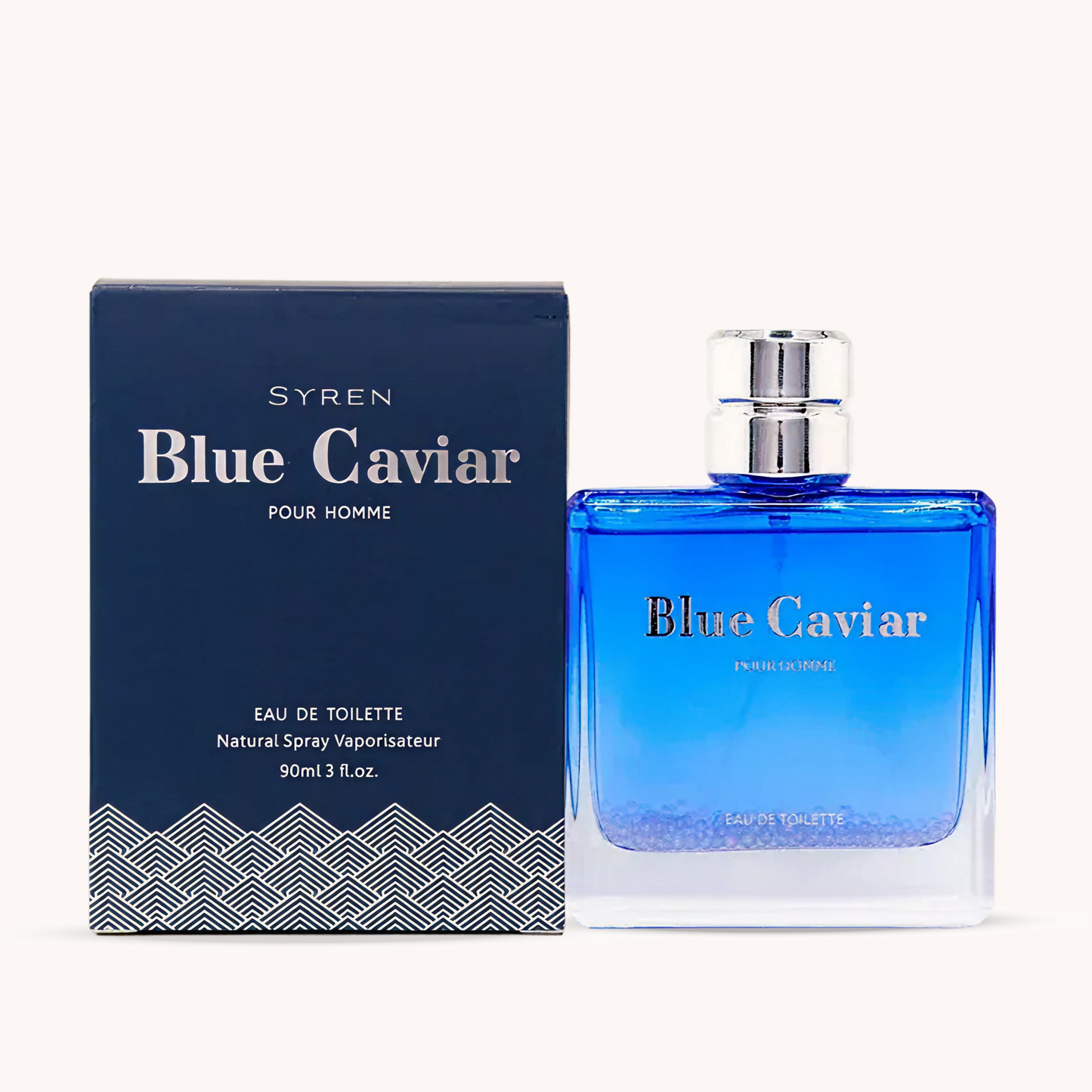 Image of Syren - Blue Caviar fragrance bottle and packaging, featuring notes of Italian Lemon, Lavender, and Sage for men.