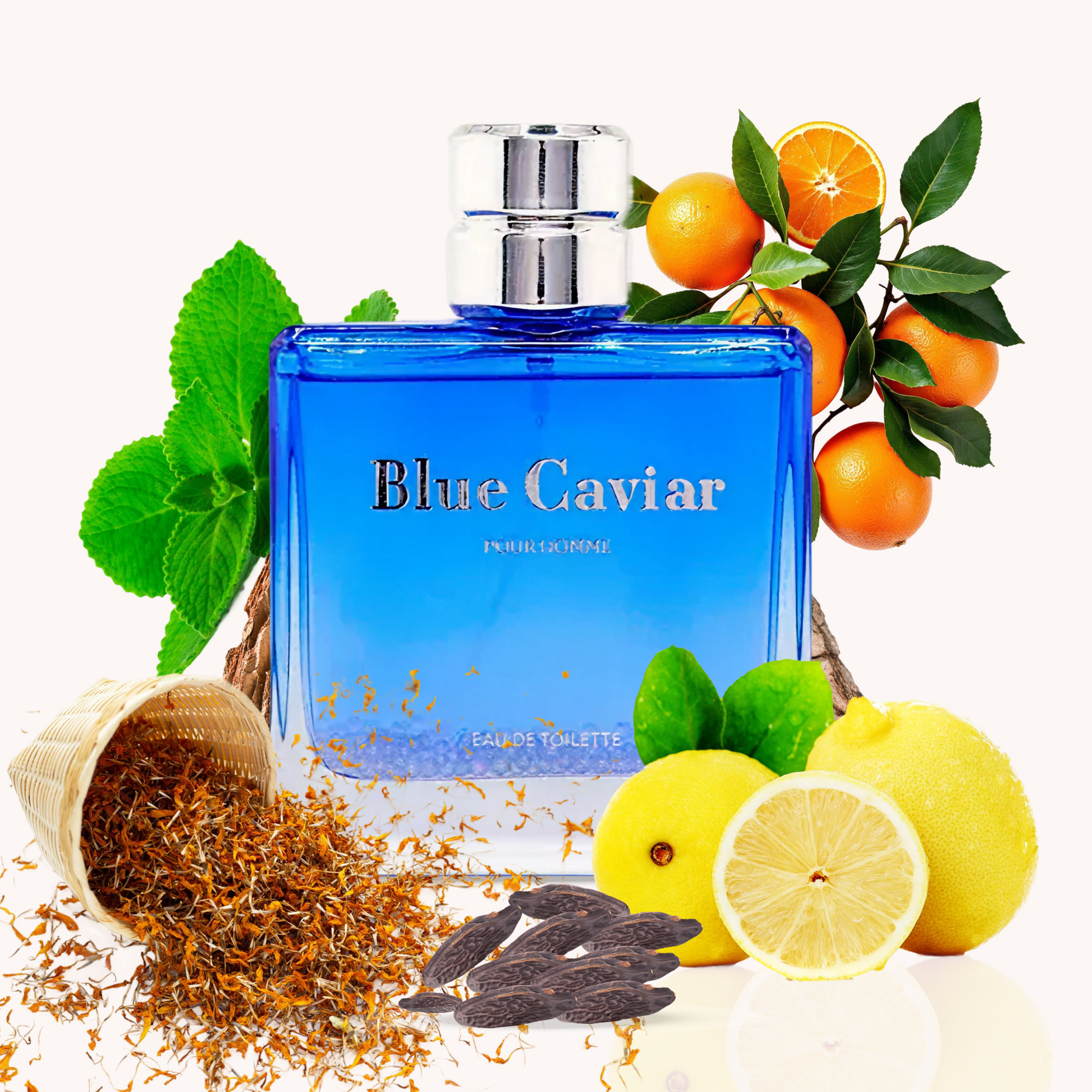 Syren - Blue Caviar fragrance bottle with Italian lemon, mandarin orange, and bergamot, conveying refined elegance and charisma.