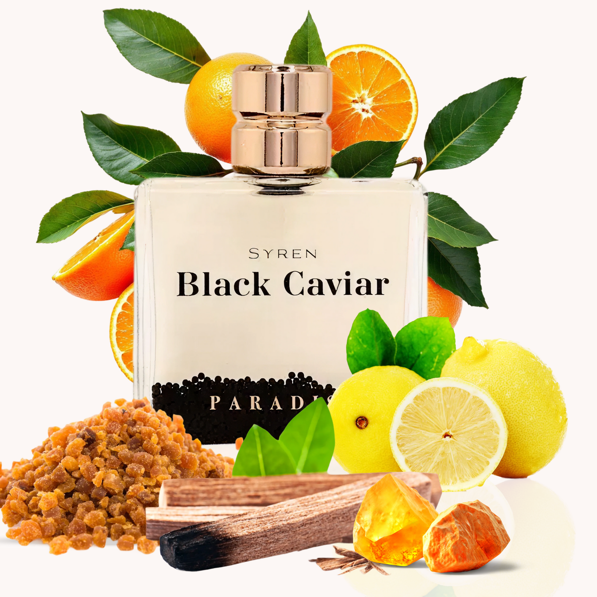 Syren - Black Caviar Paradiso fragrance bottle with citrus, spices, sandalwood, and amber.