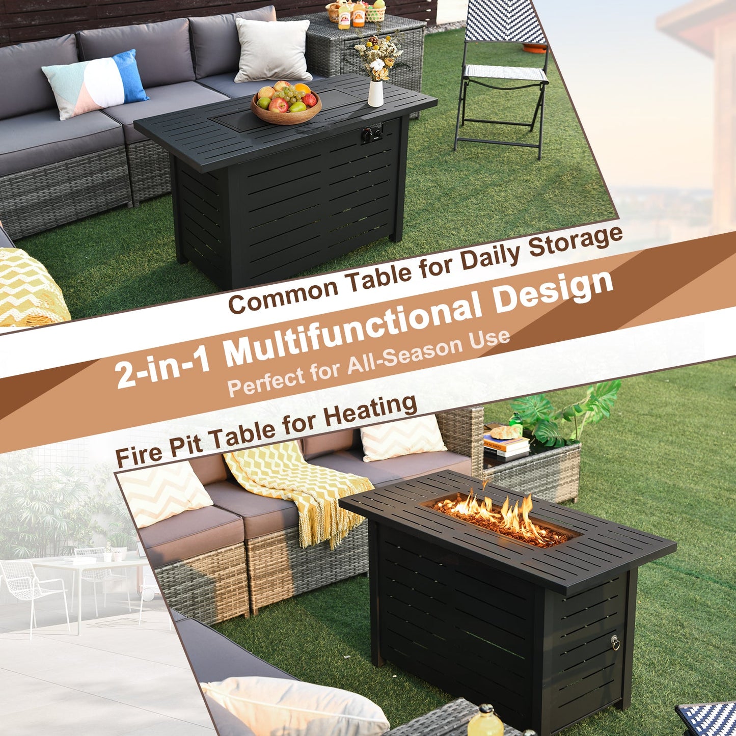 42 Inch 60 000 BTU Rectangular Propane Fire Pit Table with Waterproof Cover in outdoor setting, multifunctional design.