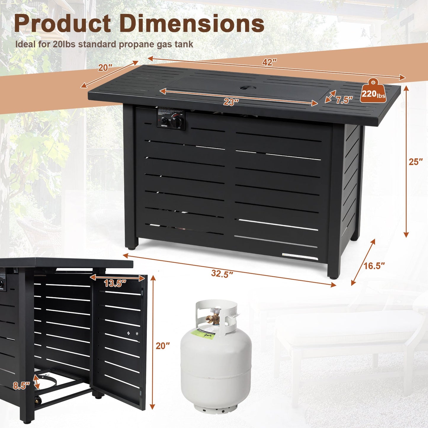 Detailed dimensions of the 42 Inch 60 000 BTU Rectangular Propane Fire Pit Table with Waterproof Cover, shown with propane tank.