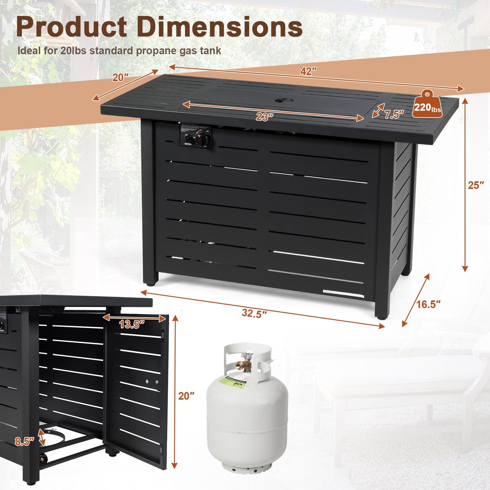 Detailed dimensions of the 42 Inch 60 000 BTU Rectangular Propane Fire Pit Table with Waterproof Cover, shown with propane tank.