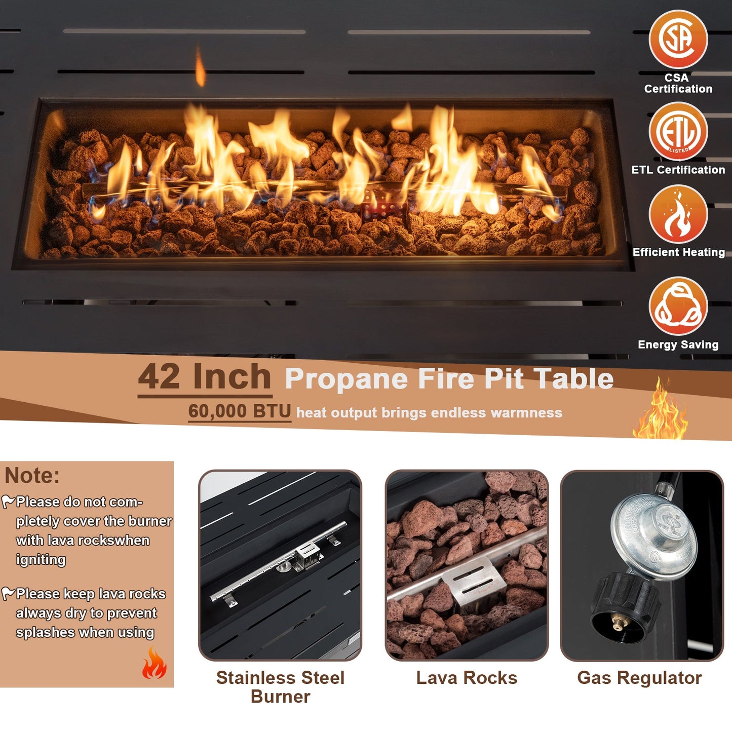 42 Inch 60 000 BTU Rectangular Propane Fire Pit Table with Waterproof Cover, featuring stainless steel burner and lava rocks.