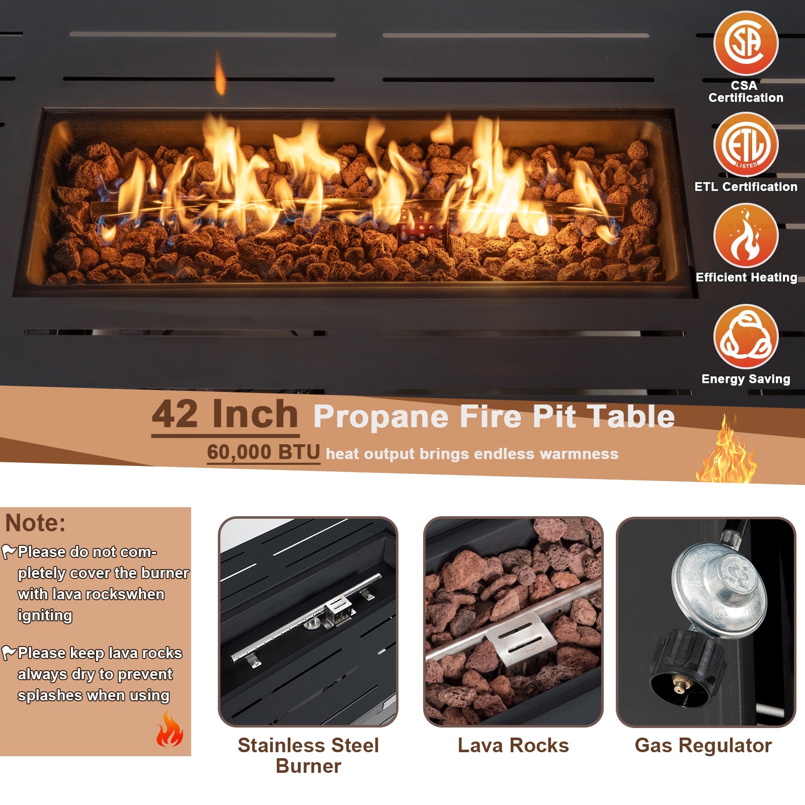 42 Inch 60 000 BTU Rectangular Propane Fire Pit Table with Waterproof Cover, featuring stainless steel burner and lava rocks.
