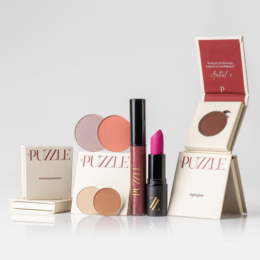 Boss Mode Kit featuring lipstick, eyeshadow, and highlighter displayed in Puzzle packaging on a white background.