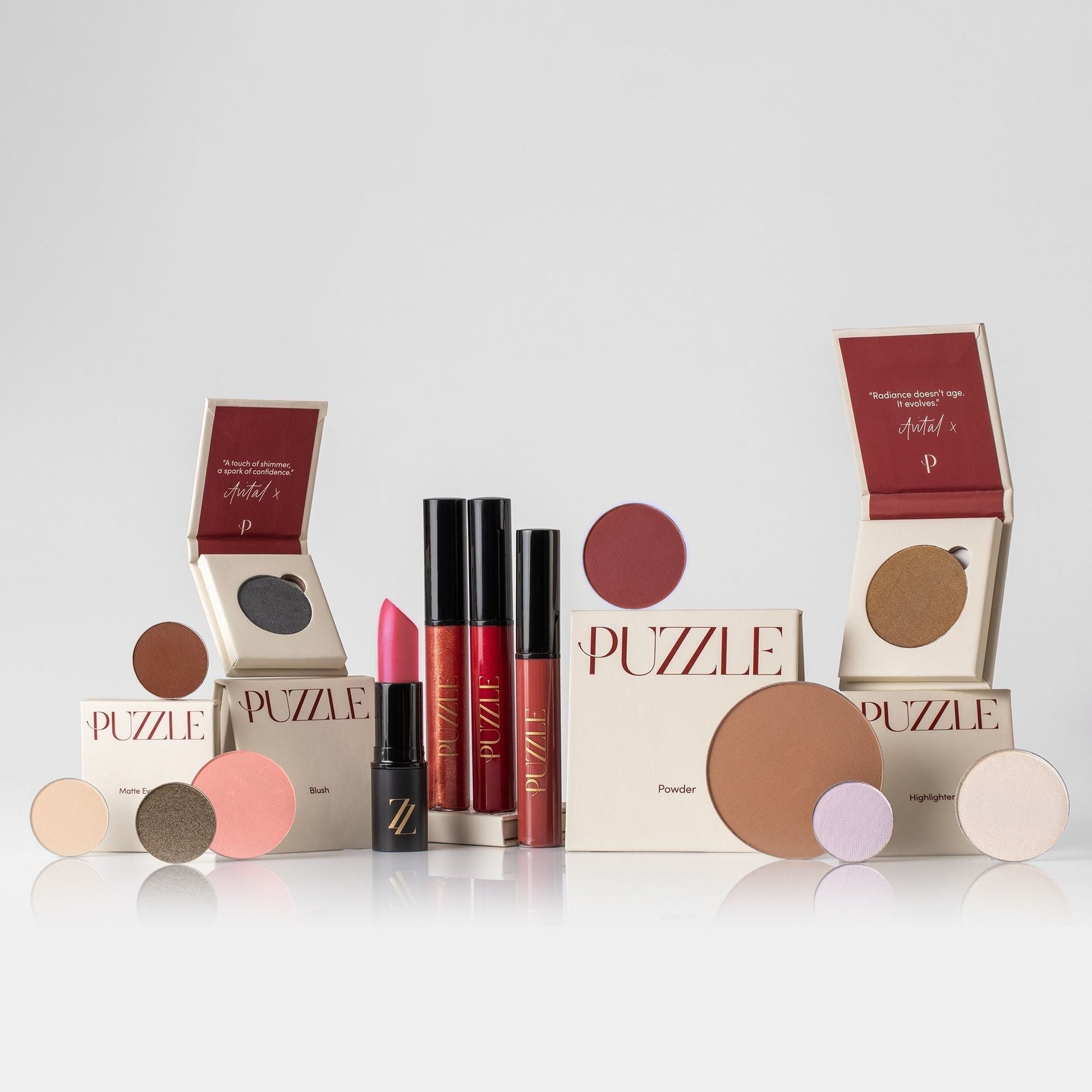 Makeup collection featuring The Rule Breakers Set with lipsticks, powders, and blush, designed for a bold and edgy look.