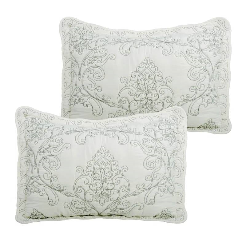 Queen size Antique White Damask Embroidered 4 Piece Oversized Bedspread Set with two elegant embroidered pillow shams