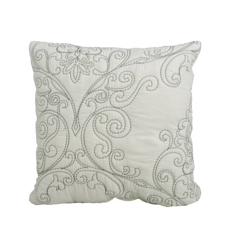 Pillow from Queen size Antique White Damask Embroidered 4 Piece Oversized Bedspread Set with intricate embroidery