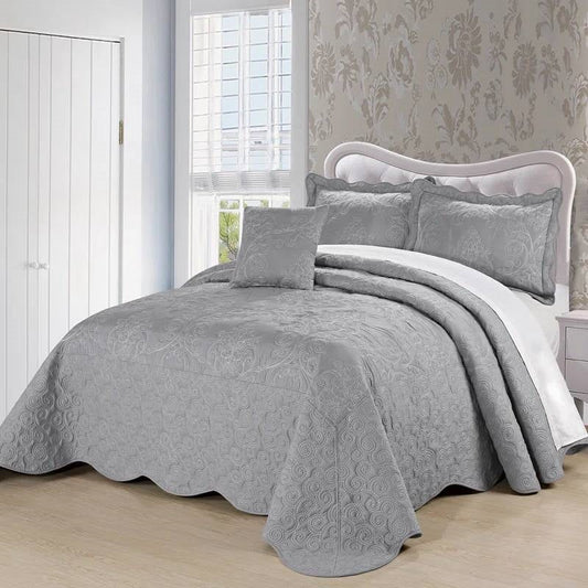 Queen size Ash Grey Damask Embroidered 4 Piece Oversized Bedspread Set displayed in a well-lit bedroom with elegant decor.