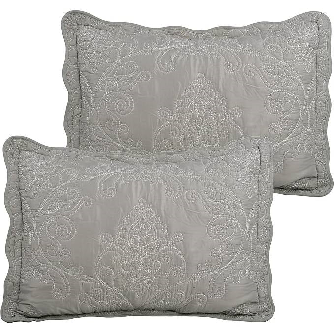 Close-up of Ash Grey pillows with damask embroidery from Queen size Ash Grey Damask Embroidered 4 Piece Oversized Bedspread Set