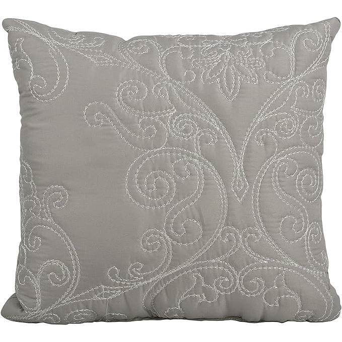Close-up of a pillow from Queen size Ash Grey Damask Embroidered 4 Piece Oversized Bedspread Set, showcasing intricate embroidery.