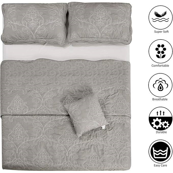Queen size Ash Grey Damask Embroidered 4 Piece Oversized Bedspread Set showing intricate embroidery and soft texture.