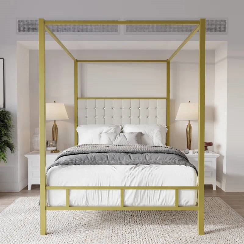 Elegant Queen size Gold Metal Canopy Bed with Upholstered Button-Tufted Headboard inside a stylish bedroom setting.