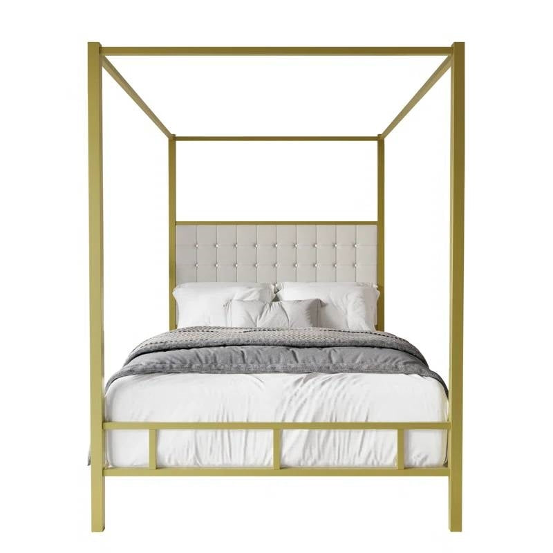 Queen size Gold Metal Canopy Bed with Upholstered Button-Tufted Headboard in stylish bedroom setting