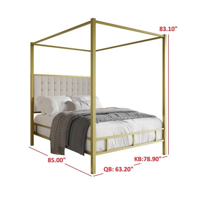 Queen size Gold Metal Canopy Bed with Upholstered Button-Tufted Headboard featuring dimensions and metal frame design.
