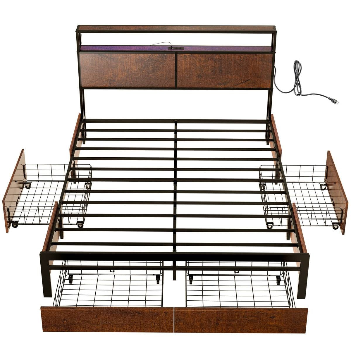 Queen size Platform Bed with Headboard and Storage Drawers in Brown Wood Finish featuring AC outlets and LED lights.