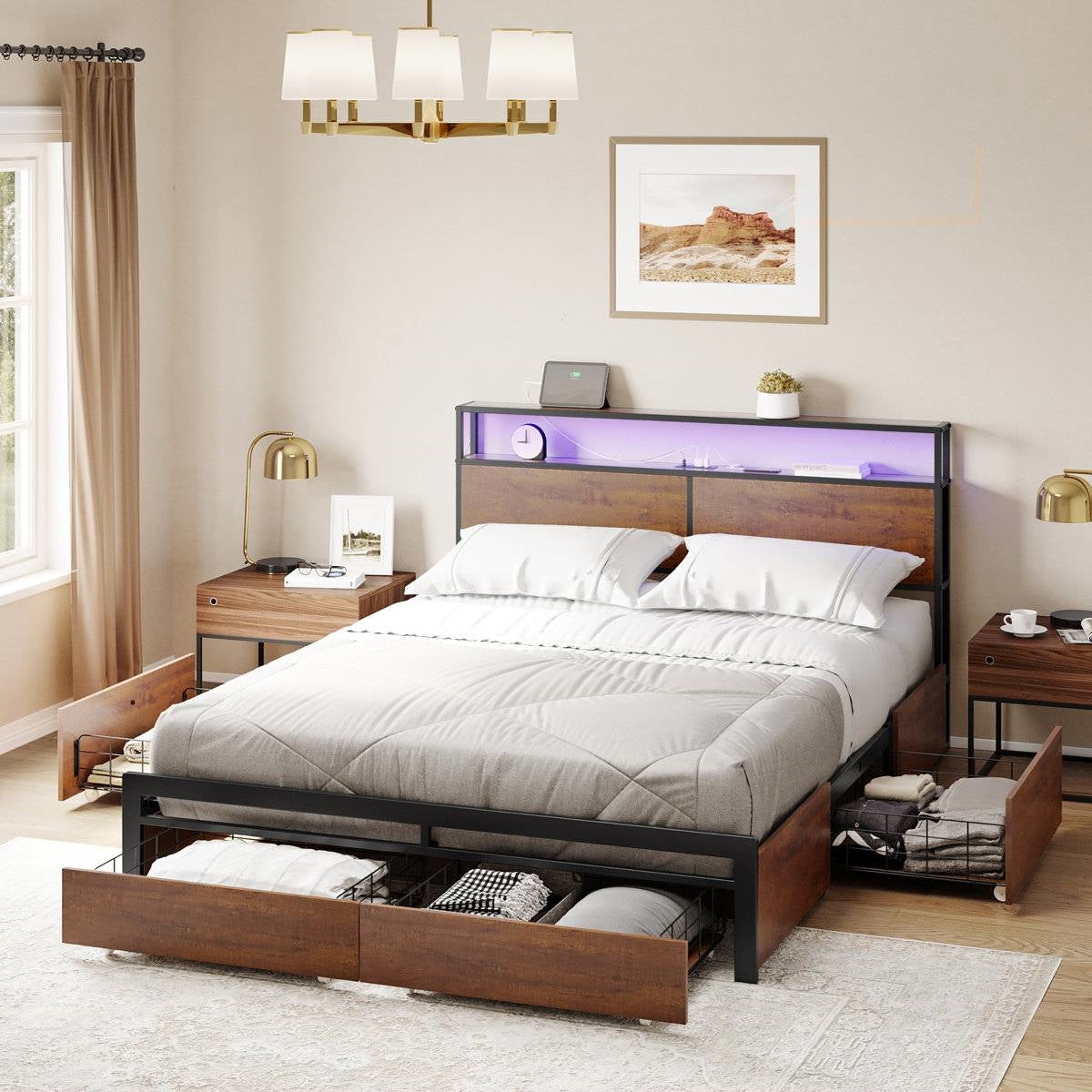 Queen size Platform Bed with Headboard and Storage Drawers in Brown Wood Finish with LED lights and USB charging ports in a cozy bedroom