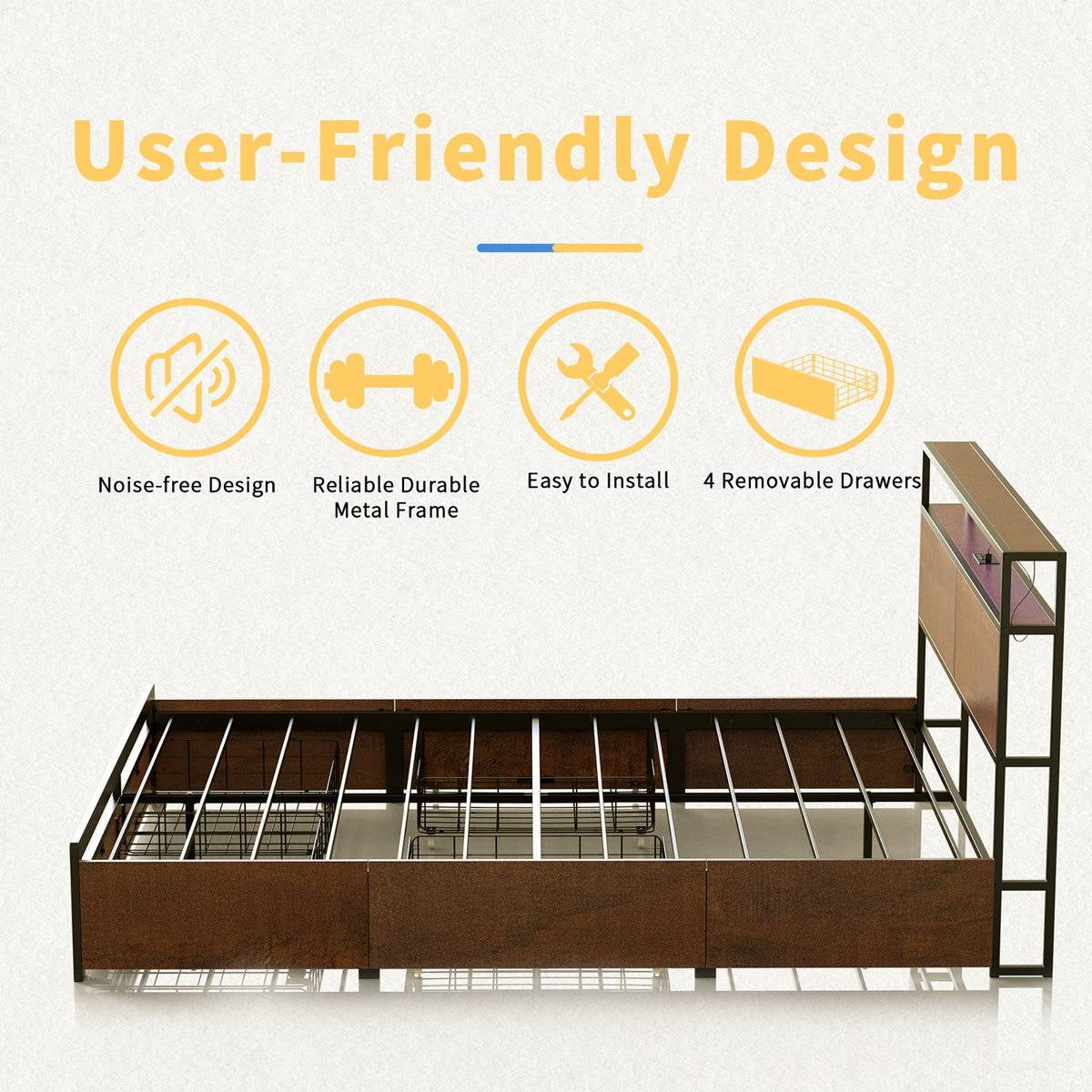 Queen size Platform Bed with Headboard and Storage Drawers in Brown Wood Finish featuring noise-free design and easy installation.