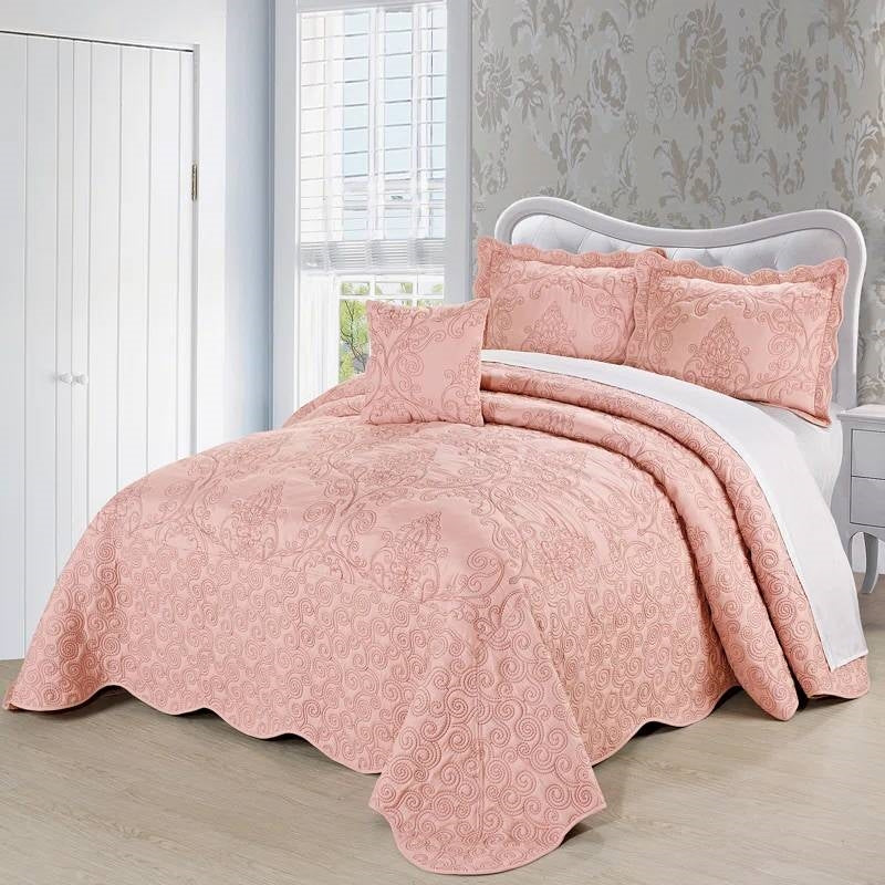 Queen size Dusty Pink Damask Embroidered 4 Piece Oversized Bedspread Set on a neatly made bed in a stylish bedroom.