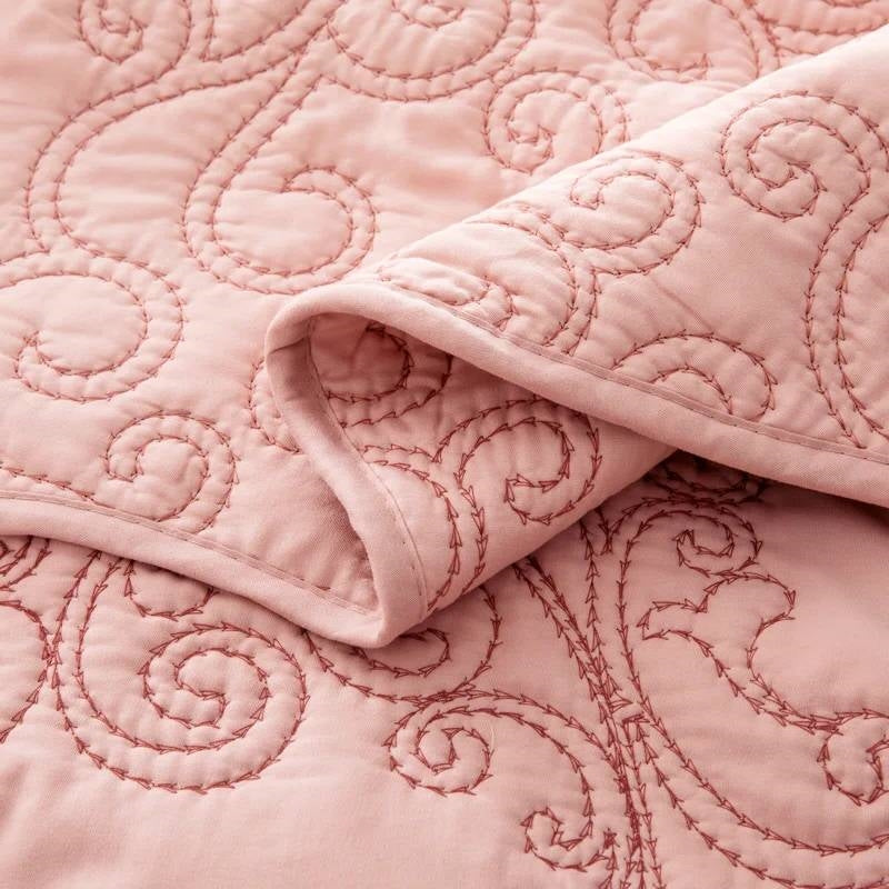 Queen size Dusty Pink Damask Embroidered 4 Piece Oversized Bedspread Set with elegant quilt pattern in soft polyester fabric.