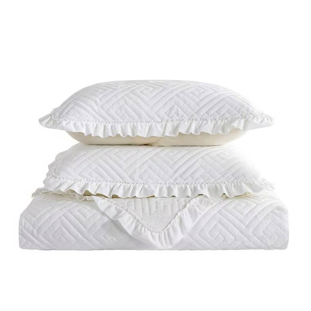 Queen size Ivory White Velvet Microfiber Polyester Reversible 3-Piece Quilt Set stacked with pillow and comforter