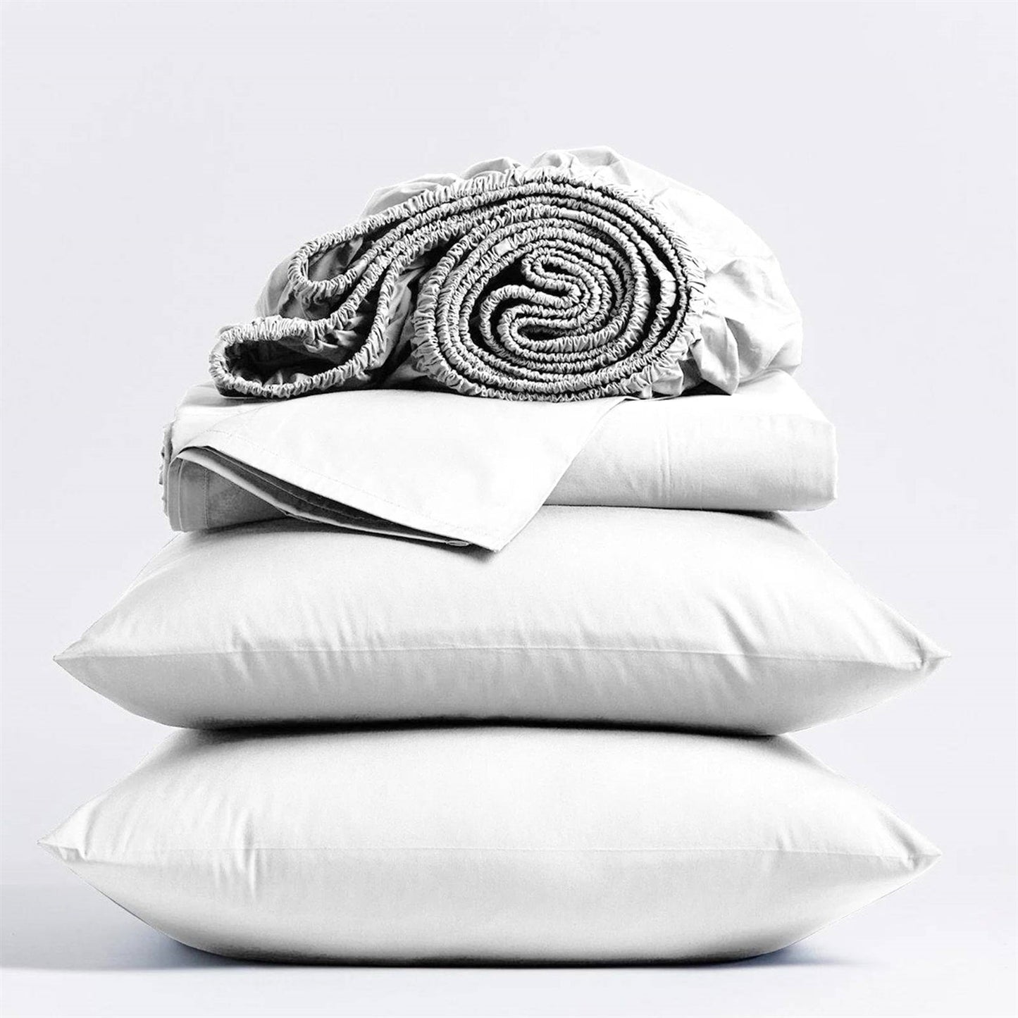 Queen size White 100-Percent Certified Organic Cotton Sheet Set with folded sheets and pillows displayed.