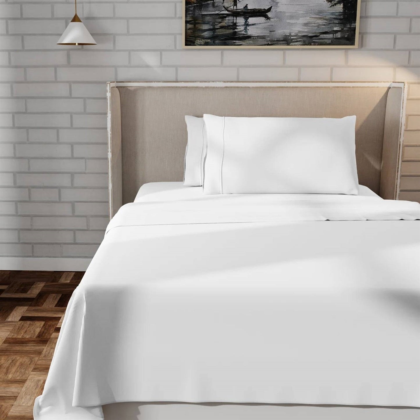 Queen size White 100-Percent Certified Organic Cotton Sheet Set on a neatly made bed in a cozy bedroom setting.