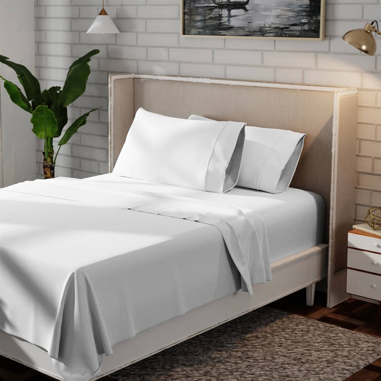 Queen size White 100-Percent Certified Organic Cotton Sheet Set displayed on a bedroom bed.