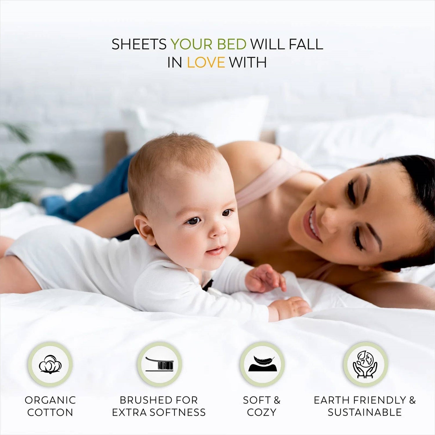 Mother and baby on Queen size White 100-Percent Certified Organic Cotton Sheet Set, featuring organic cotton benefits.