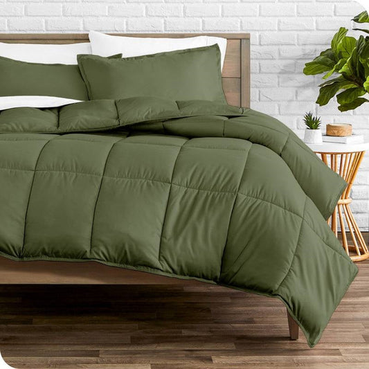 Queen size Hypoallergenic Down Alternative Comforter Set in Olive Green on bed in stylish bedroom setting