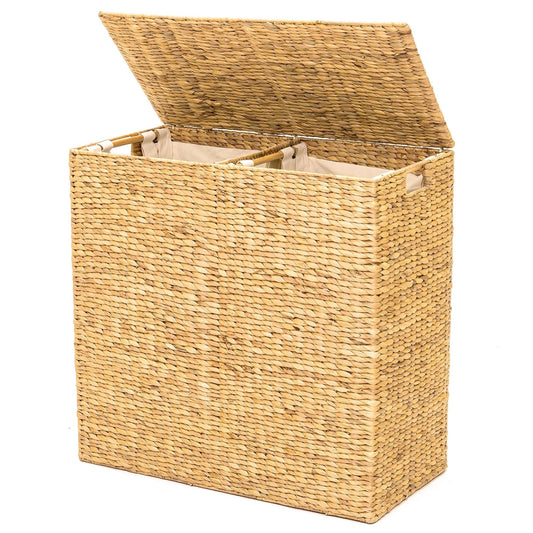 Natural 2-Bin Handwoven Hyacinth Linen Liner Laundry Hamper w/ Handles open with two canvas liners visible.