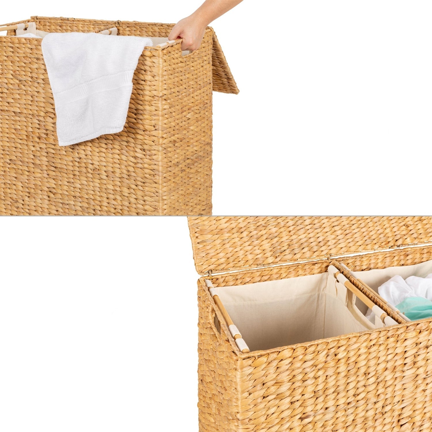 Natural 2-Bin Handwoven Hyacinth Linen Liner Laundry Hamper w/ Handles with cotton canvas liners and side handles.