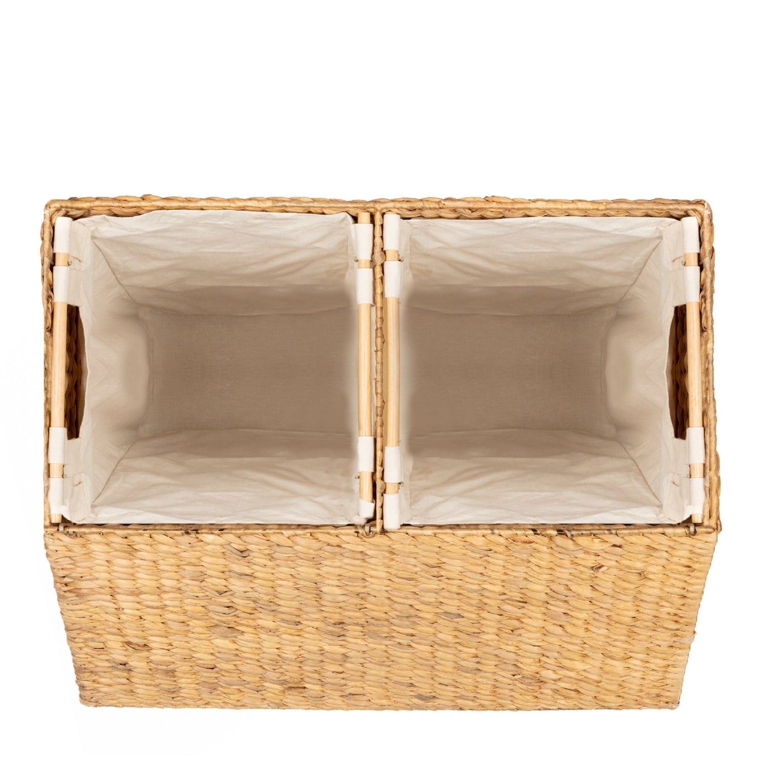 Natural 2-Bin Handwoven Hyacinth Linen Liner Laundry Hamper w/ Handles with dual compartments and cotton liners