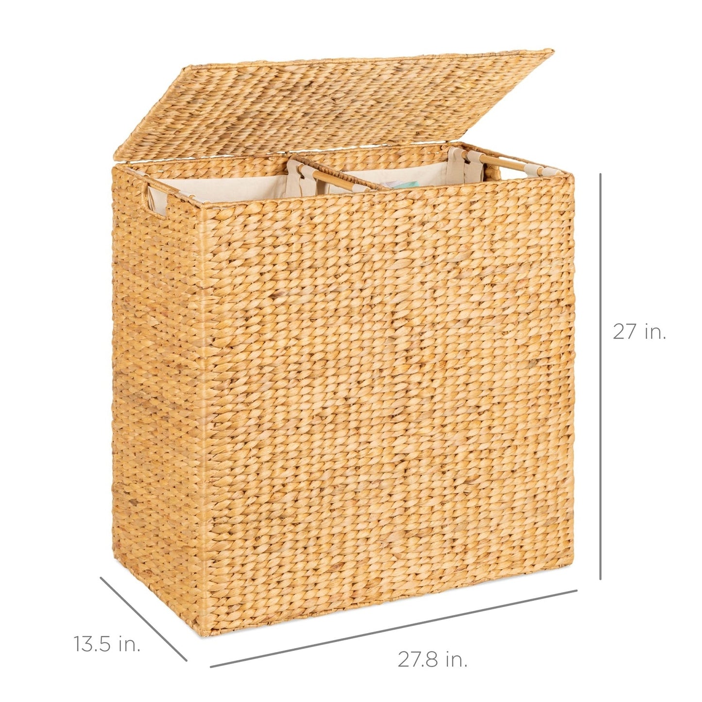 Natural 2-Bin Handwoven Hyacinth Linen Liner Laundry Hamper w/ Handles open view