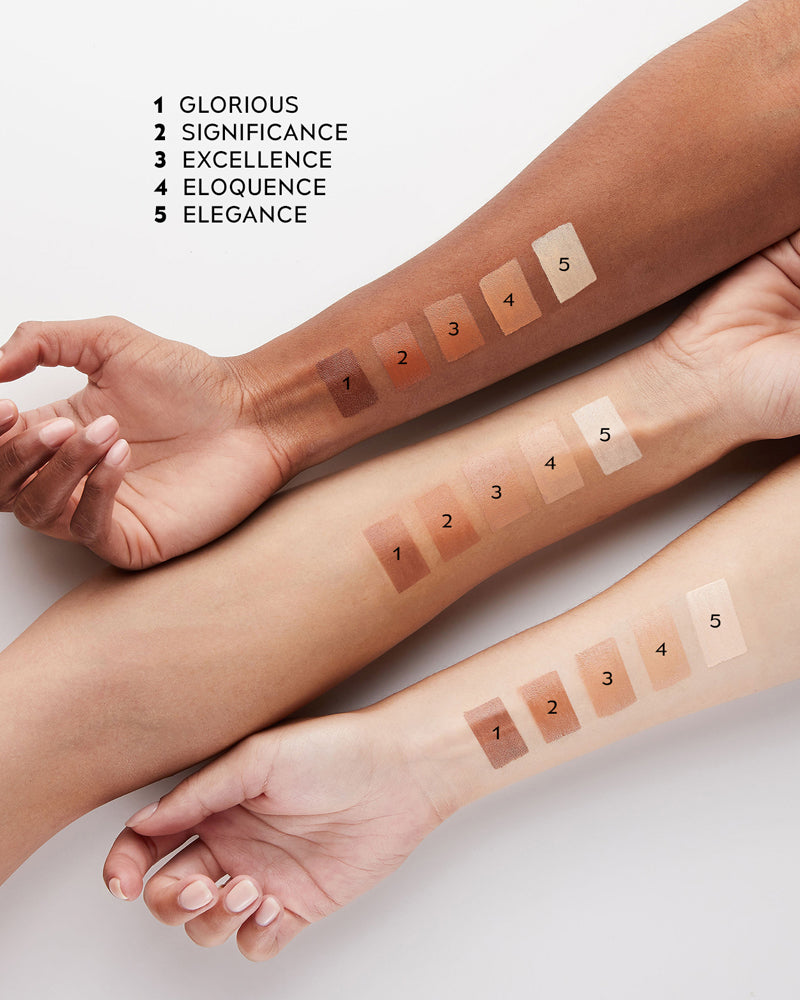 Diverse skin tones showcasing Revelation Brow Duo shade swatches labeled Glorious, Significance, Excellence, Eloquence, and Elegance.