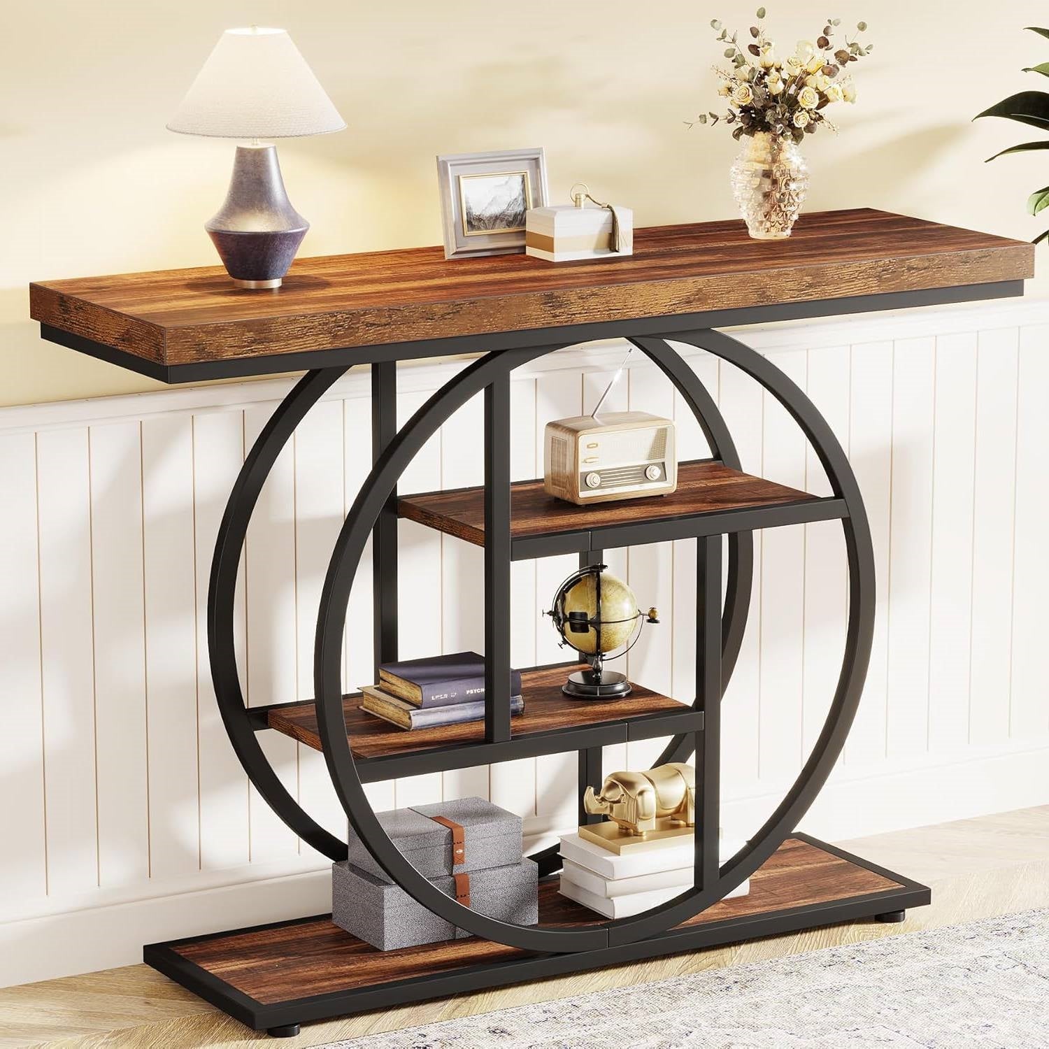 Modern Industrial 41-inch Long Narrow Entryway Foyer Console Table with Shelves featuring circular base and rustic shelves