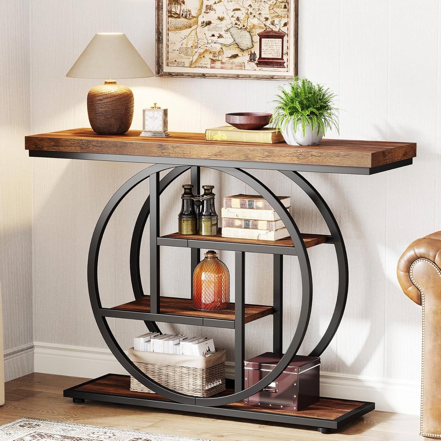 Modern Industrial 41-inch Long Narrow Entryway Foyer Console Table with Shelves in rustic brown finish and circular metal frame