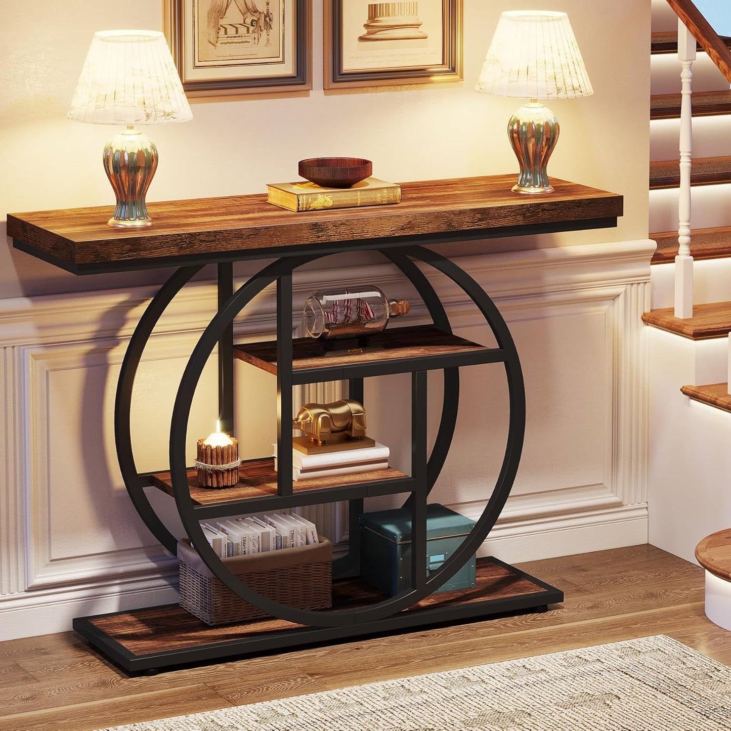 Modern Industrial 41-inch Long Narrow Entryway Foyer Console Table with Shelves in a stylish hallway setting.